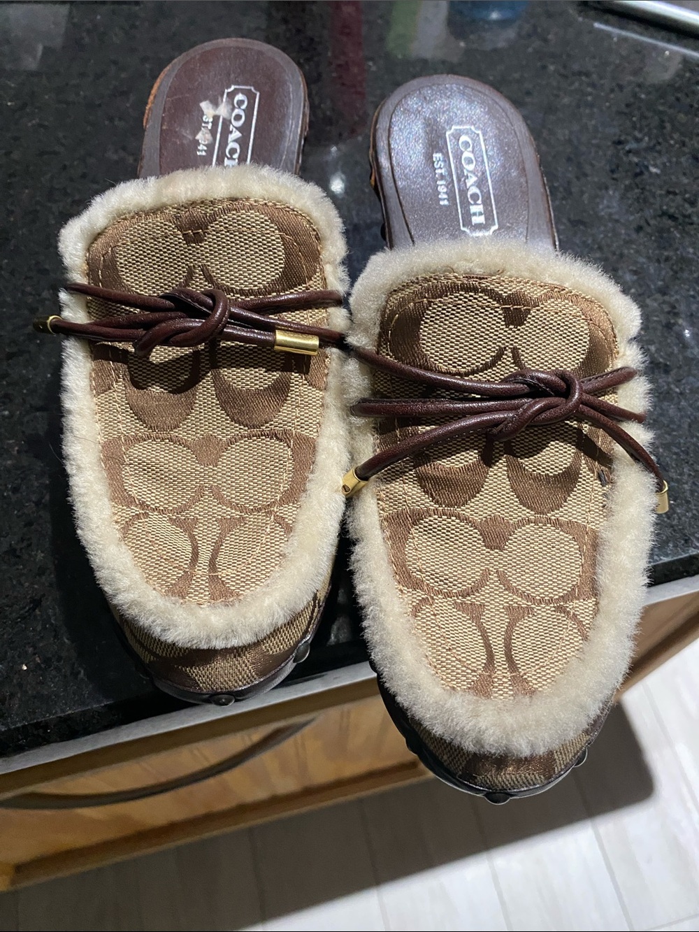 Coach Brown Signature Canvas Shearling-Trim Mule with Leather Lace